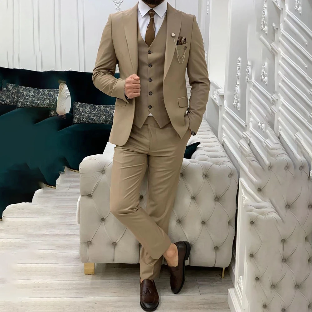 

Elegant Khaki Men Suits Single Breasted Business Blazer Fashion Flim Fit 3 Piece Jacket Pants Costume Homme Pour Mariage