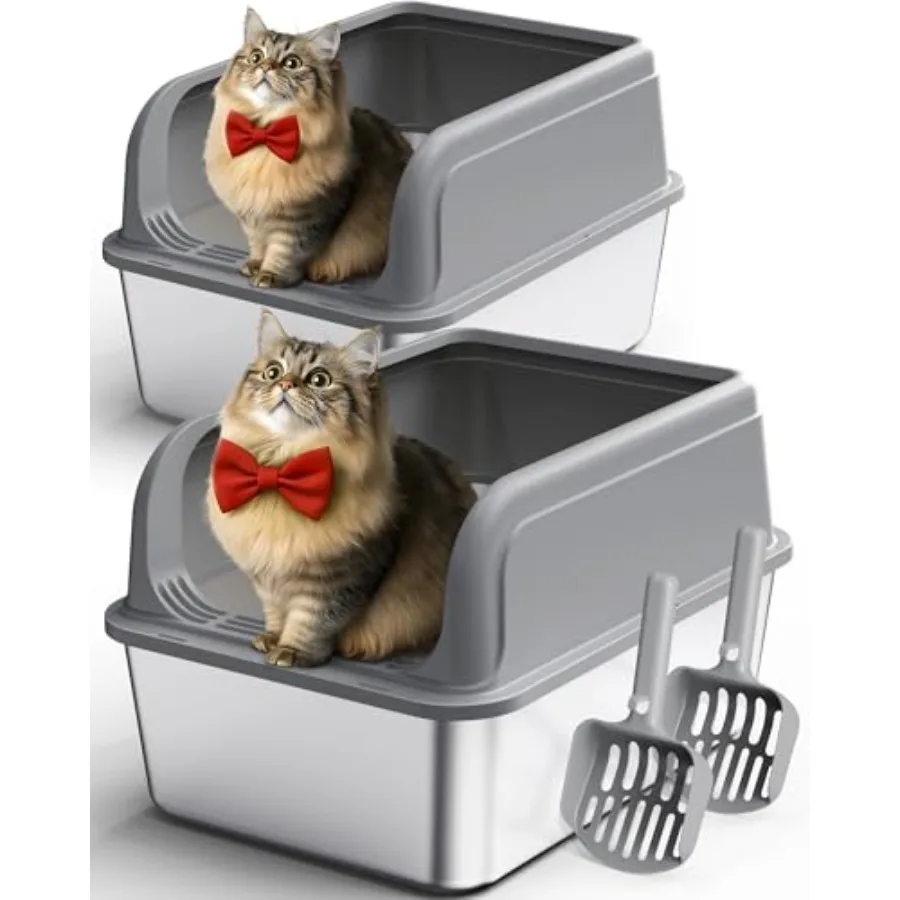 

Stainless Steel Cat Litter Box Metal Litter Box with Scoop High- Sided Anti-Leakage Top Entry Non-Sticky Easy to Clean Grey M 2