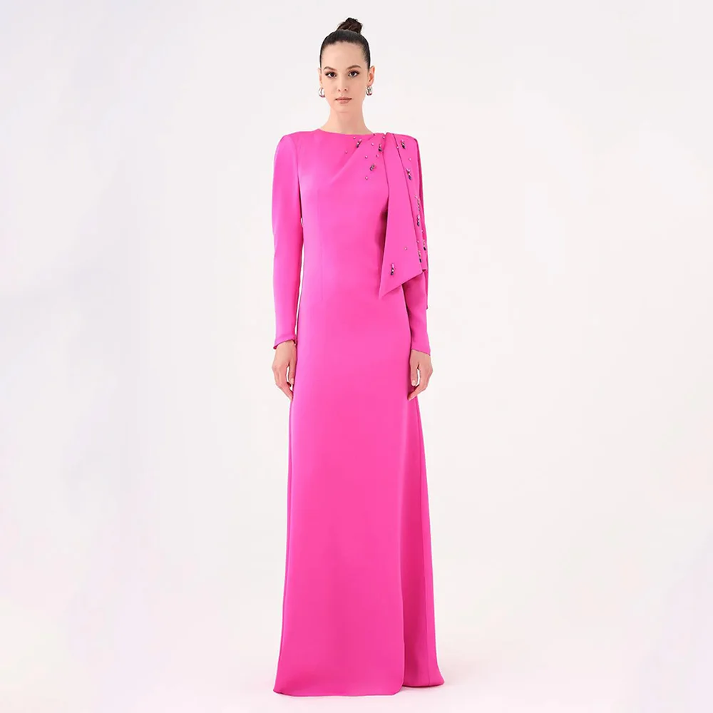 

Fuchsia Prom Dress Saudi Arabian Party Dresses Round Neck Full Sleeves Stones Beadings Satin Formal Evening Gown Robe De Soiree