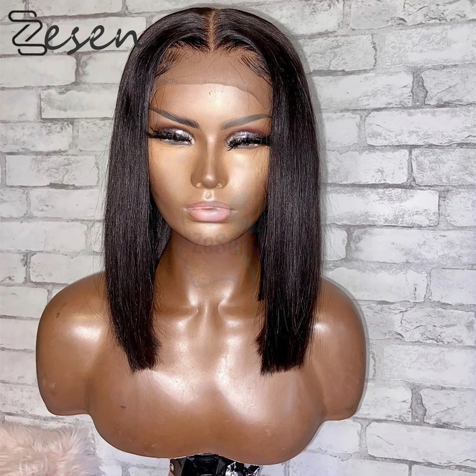 Pelucas Bob negras para mujer, pelo corto y liso, encaje Frontal de seda, Natural, alta temperatura, sintético, fiesta diaria