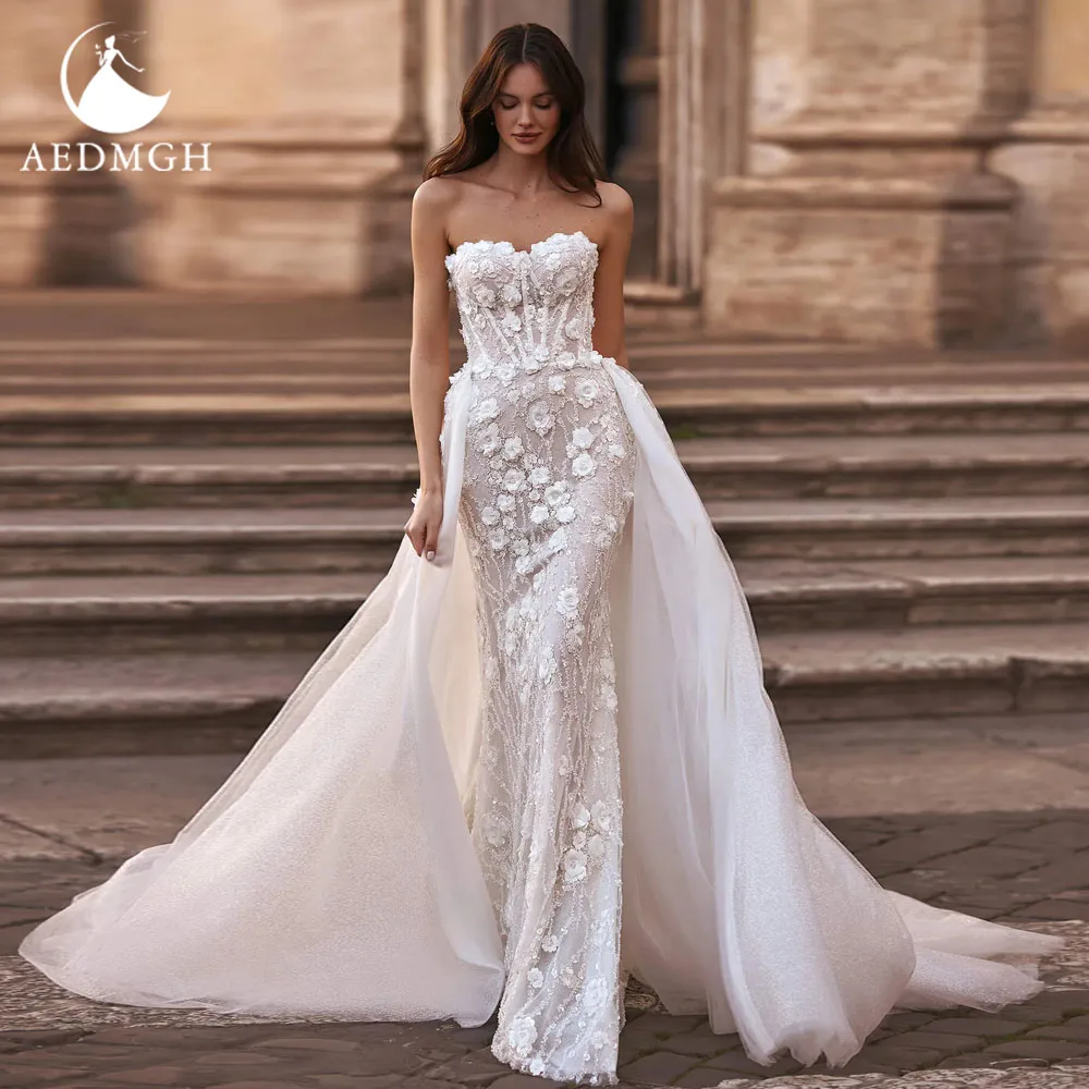 

Aedmgh Mermaid Sexy Wedding Dresses Strapless Vestido De Novia Lace Sequined 3D Flowers Detachable Train Custom Made Bridal Gown
