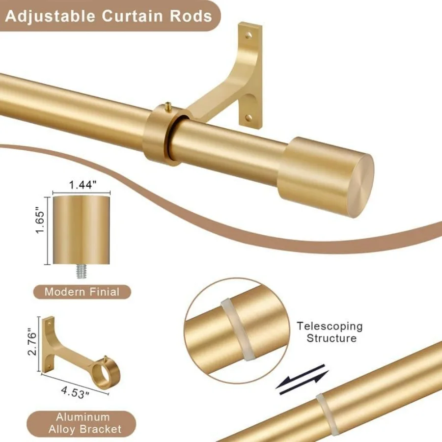 عبوتان من قضبان ستائر للنافذة 72-144 بوصة، قضبان ستائر تلسكوبية مزخرفة باللون الذهبي الدافئ مع غطاء نهائي، نافذة شديدة التحمل مقاس 1 بوصة #4
