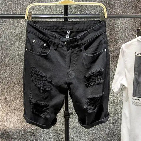 

Solid Color Black and White New Straight Denim Shorts Korean Summer Men's Ripped Cat Whisker Five-point Pants Brand Middle Pants