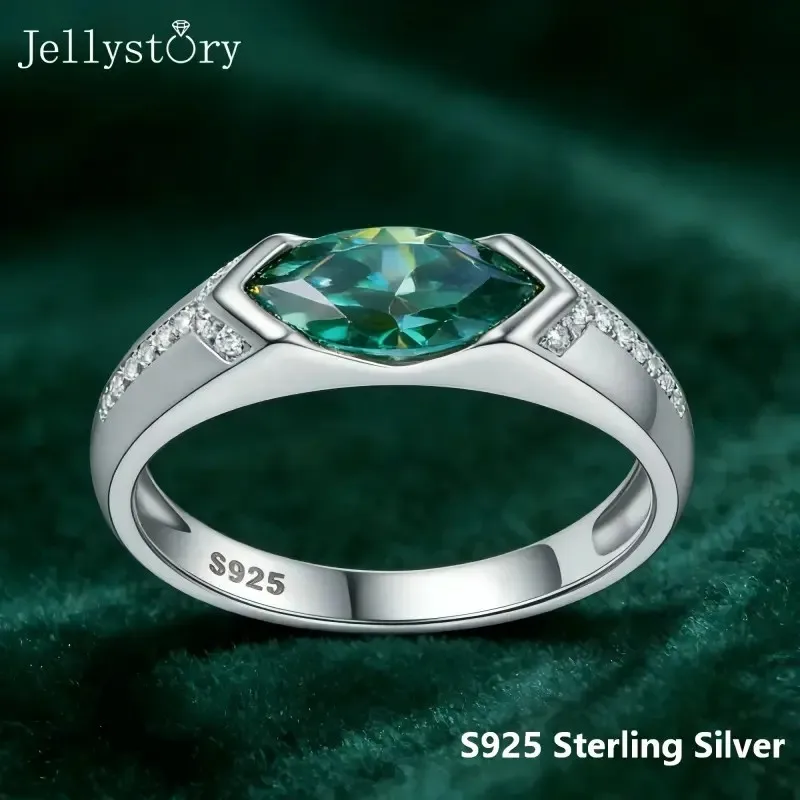JellyStory Olive Shape Green Ring, S925 Sterling Silver Full Inlaid Moissanite, Light Luxury Natural Inspired Womens Band