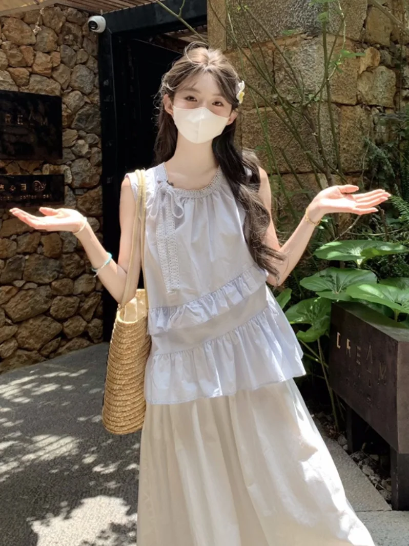 

Синий хлопково-льняной топ без рукавов для женщин, летняя милая рубашка-жилетка, комплект из дышащей свободной футболки с круглым вырезом и коротким рукавом