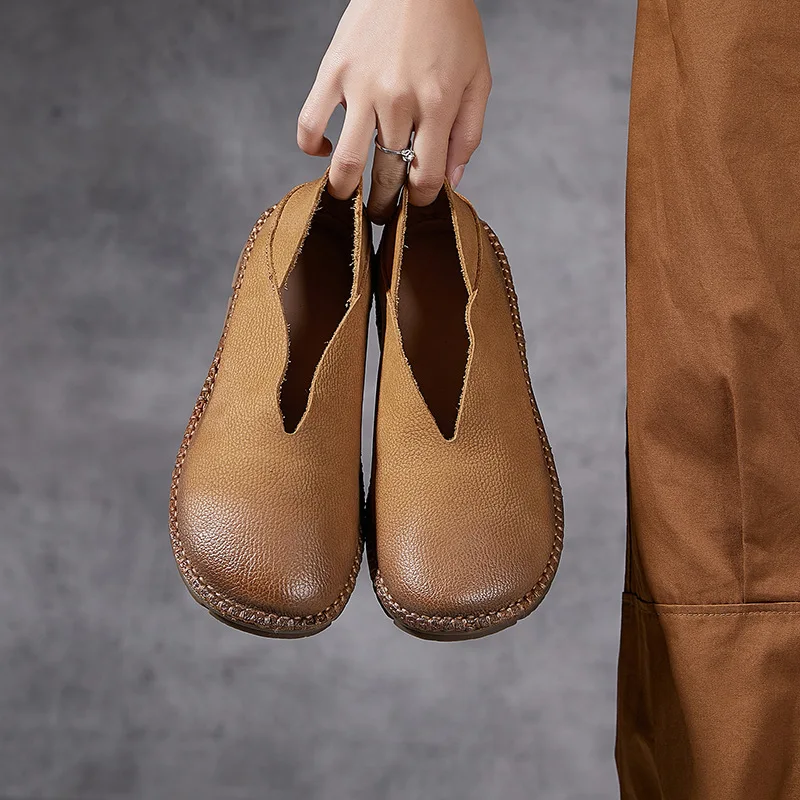Careaymade-Genuine Leather women\'s shoes,Soft Round Toe One Step Shallow Mouth Single Shoes Women Cowhide Retro Handmade Shoes