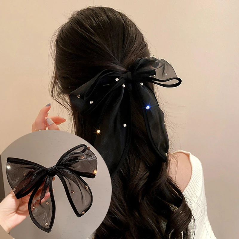 Kiss Jewelry Women Korean Fashion Oversize Black Mesh Bow Ribbon Hairpin Rhinestones Elegant Hair Clip Barrette Accessories 2023