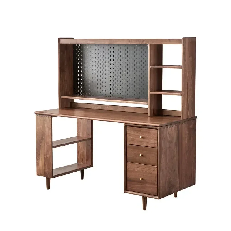 Nordic all solid wood computer desk study table black walnut double desk bookshelf simple modern study furniture