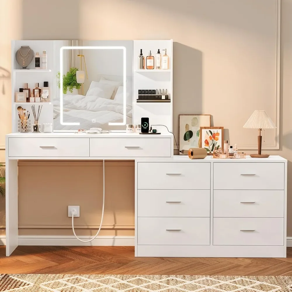 65.9'' Vanity Desk with LED Lighted Mirror & Power Outlet, Modern Corner Makeup Vanity Table with 8 Drawers & Open Shelves