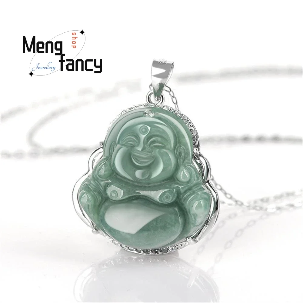 Natural Jadeite A-cargo Bean Seed Maitreya Buddha S925 Silver Inlaid Jade Pendant Exquisite Elegant Luxury Fashion Fine Jewelry