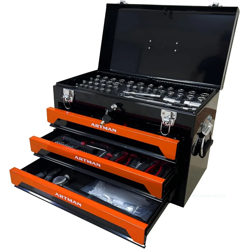 

3 Drawers Portable Tool Box with 439 Piece Mechanics Tool Set and Lockable Drawers, Heavy Duty Metal Capacity Tool Case, Worksho