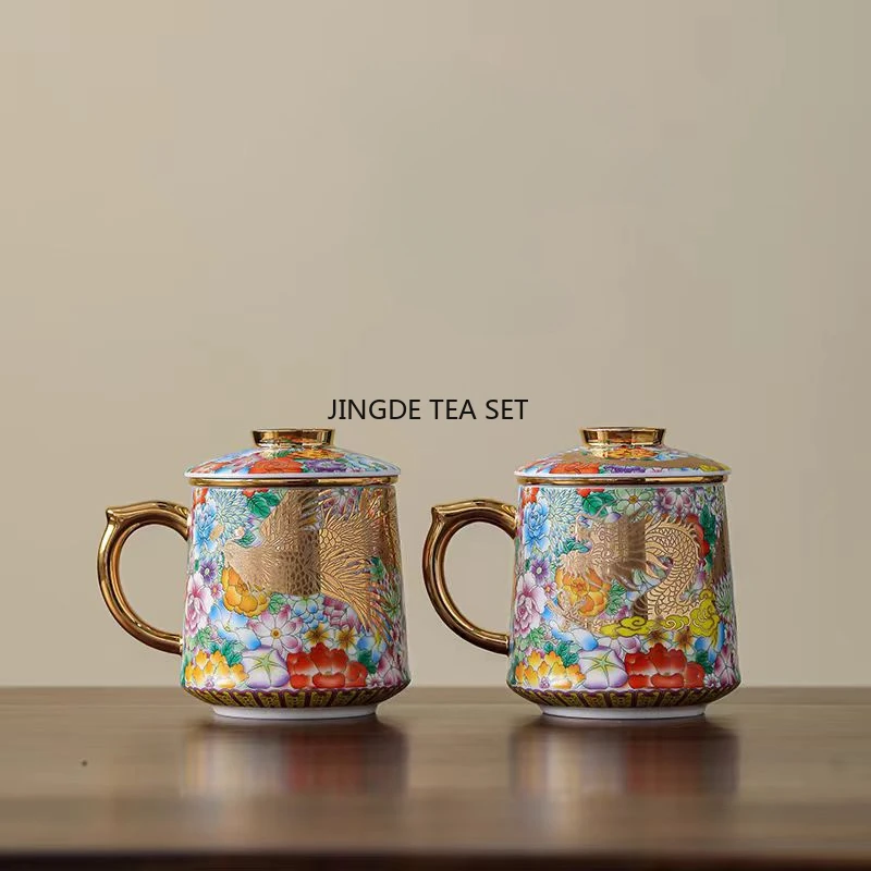 400ml Ceramic Enamel Gilded Palace Dragon and Phoenix Water Cup High end Retro Office Mark Tea Cup chinese tea set