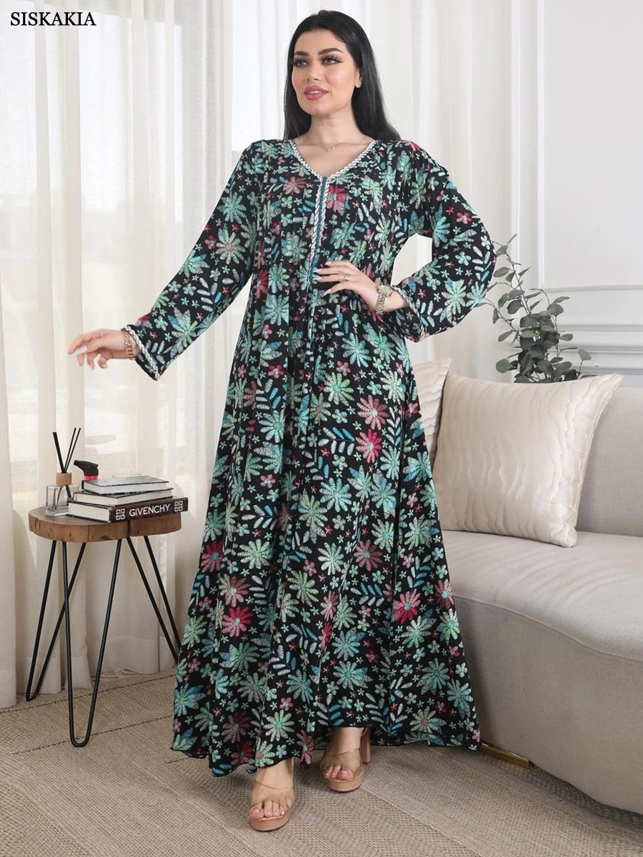 Siskakia Turkish Abaya For Woman Chic Diamonds Printing Muslim Clothing Kuwaiti Loose Full Sleeve Dubai Moroccan Islamic Robe