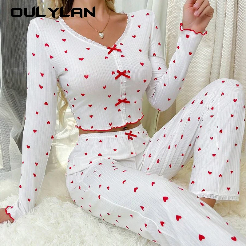 Autumn Women\'s Pullover Pajama Set Sexy Lace V-neck Bow Sleepwear Heart Print Long Sleeves &Trousers Nightwear Loungewear Outfit