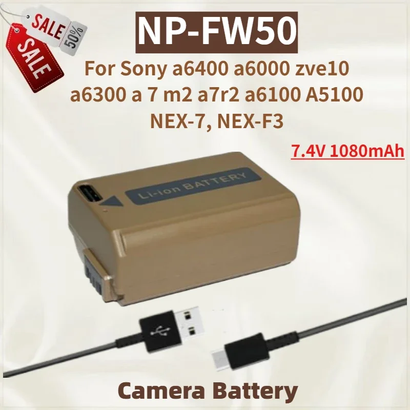 

High Quality NP-FW50 Camera Battery 7.4V 1080mAh Type-C Direct Charge for Sony A6100 A5100 Zve10 A6300 A 7 M2 A7r2 A6400 A6000