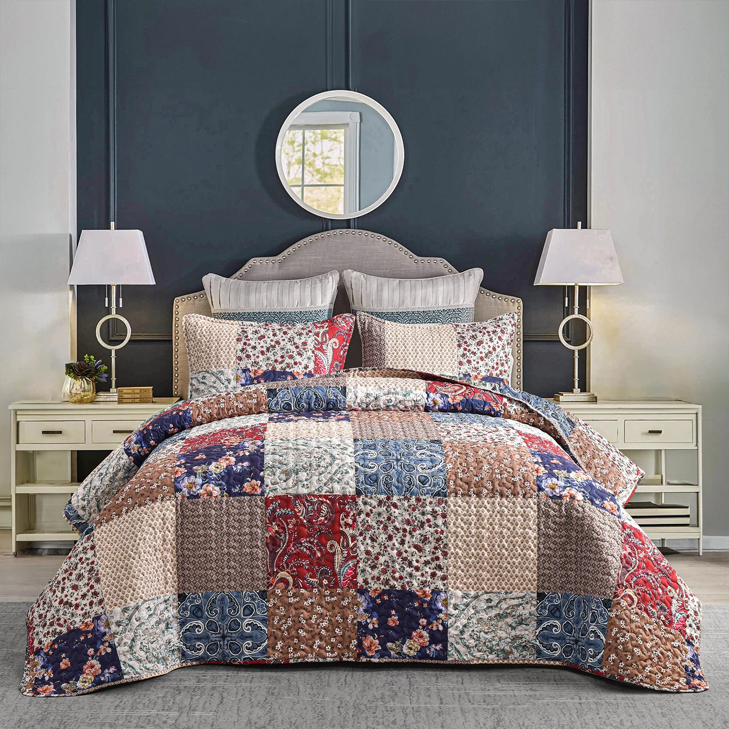 

DURLENGEN Floral Quilt Set Queen Size 3Pcs, Bohemian Floral Plaid Styling Bedspread, All Season Lightweight Coverlet Sets