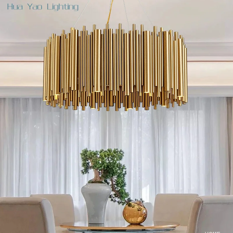 

Modern Chandelier Luxury Gold Led Lights Living Room Hotel Decoration Brushed Stainless Steel Body