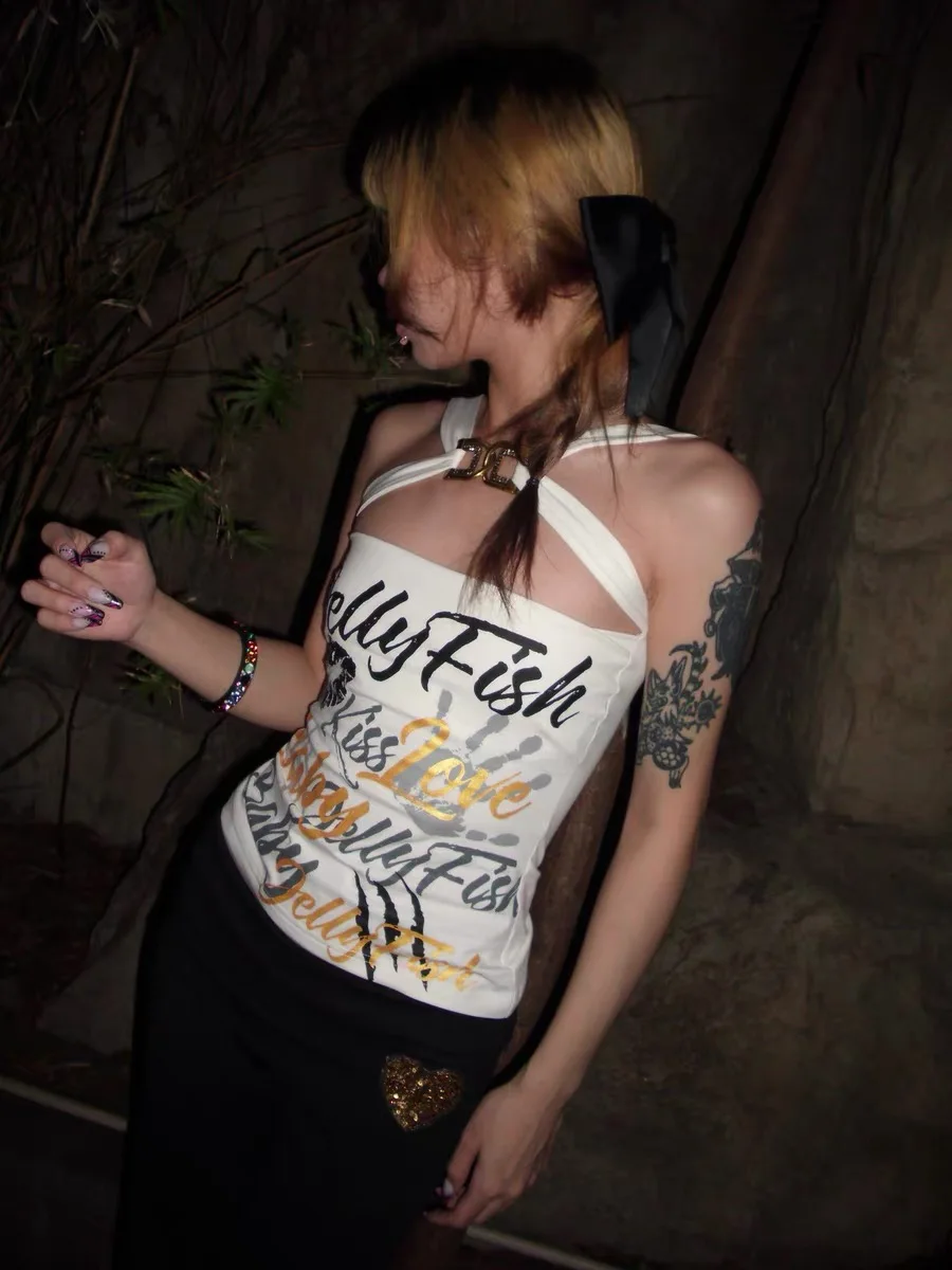 

Street Sle Punk Y2K Millennium Hot Girl Retro Button Letter Print Strap Vest Women Slimming Top ort Length Other Material