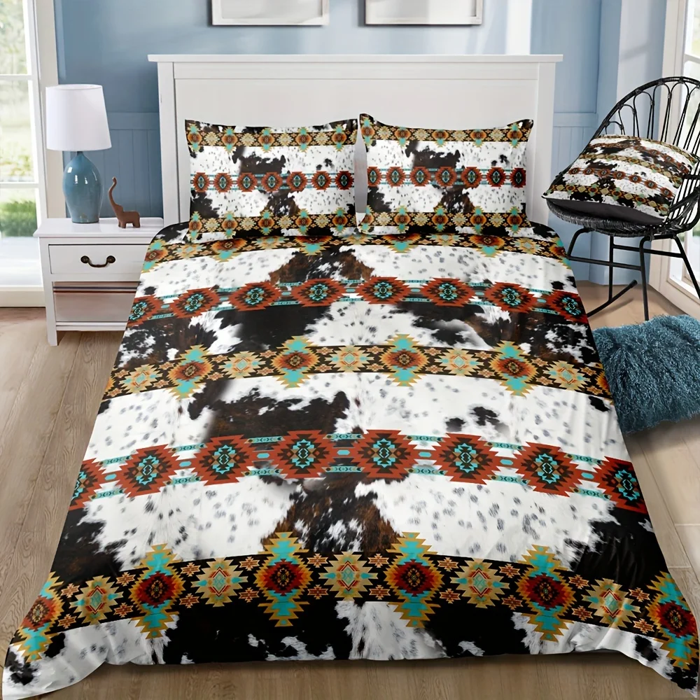 

Duvet Cover Set (1*Duvet Cover + 2*Pillowcase) Ethnic Style Cow Print Bedding Set Soft Comfortable Duvet Cover For Bedroom