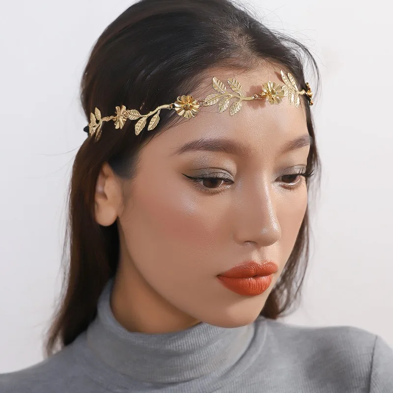 Metal Headband Alloy Studded with Diamonds Baroque Leaves Flowers Diamond Studded Headband Goddess Headband Hair Accessory