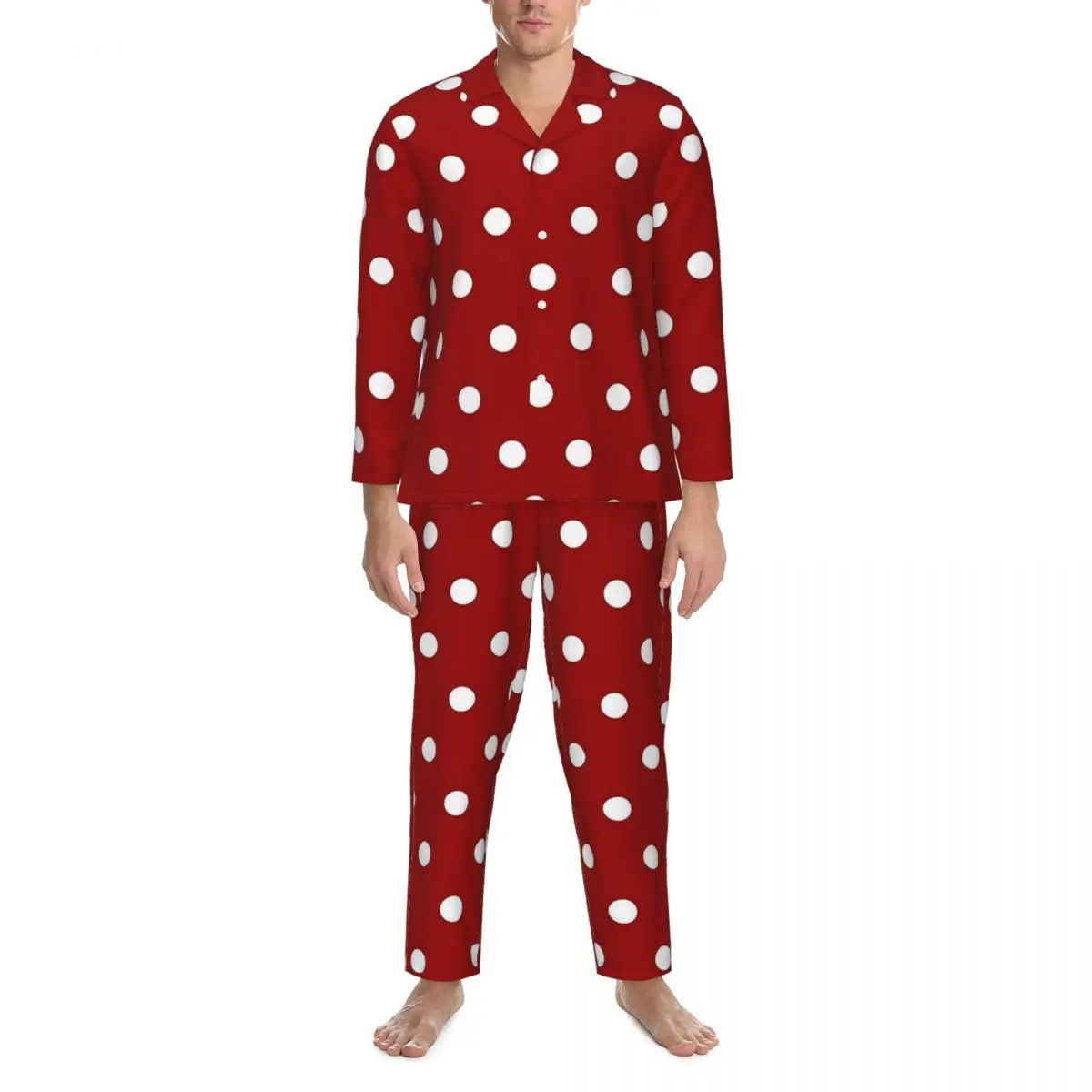 Rode en witte stippenprint pyjamasets Leuke nachtkleding Unisex Lange mouw Casual kamer 2-delig thuispak groot formaat