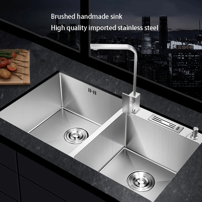 Stainless Steel Rectangular Kitchen Sink Home Improvement Brushed Double Bowls Kitchen Fixture Washing Fruit Undermount Basin