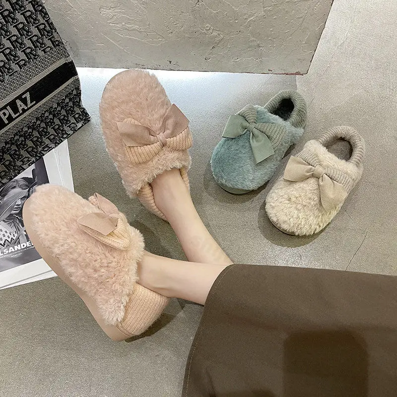 

Cotton Slippers Women 2025 Winter New Plush Thicken Comfort Non Slip Indoor Home Shoes Lightweight Soft Sole Bow Knot Warm Shoes
