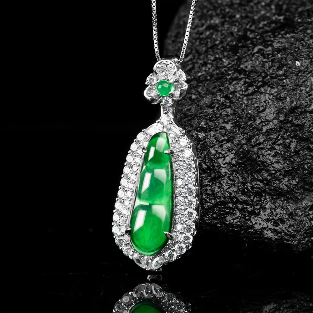 

925 Silver Natural Green Jadeite Carved Gem Crystal Beans Lucky Pendant Amulet Necklace Certificate Luxury Jade Vintage Jewelry