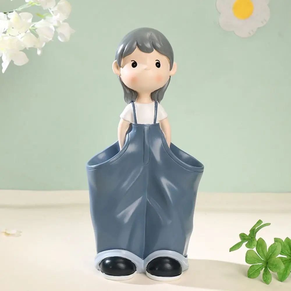 Short Haired Girl Pen Containe Cowboy Overalls Multi-functional Brush Container Resin Desktop Ornament Pen Storage Canister