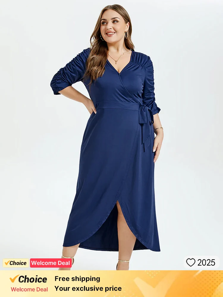 

Plus Sized Clothing Dress 2024 Spring V Neck Long Sleeve V-Neck Ruffle Tulip Hem Belted Party Maxi Dress Wedding Guest Dresses