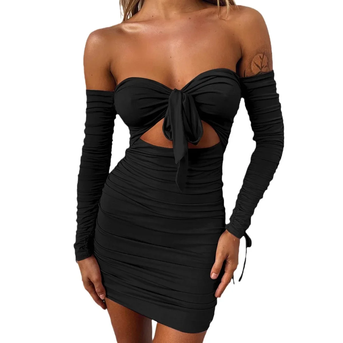 Ropa de mujer con hombros descubiertos y tirantes de manga larga, vestido Sexy plisado, ropa de noche para discoteca, Vestidos de talla grande 3XS-3XL