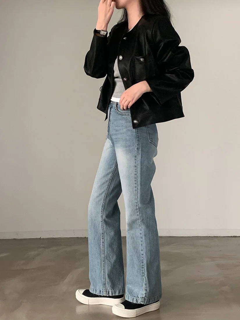 Cappotto Jaet in pelle PU Bla casual allentato da donna chic autunno nuovo con colletto alla coreana lungo taglio dritto