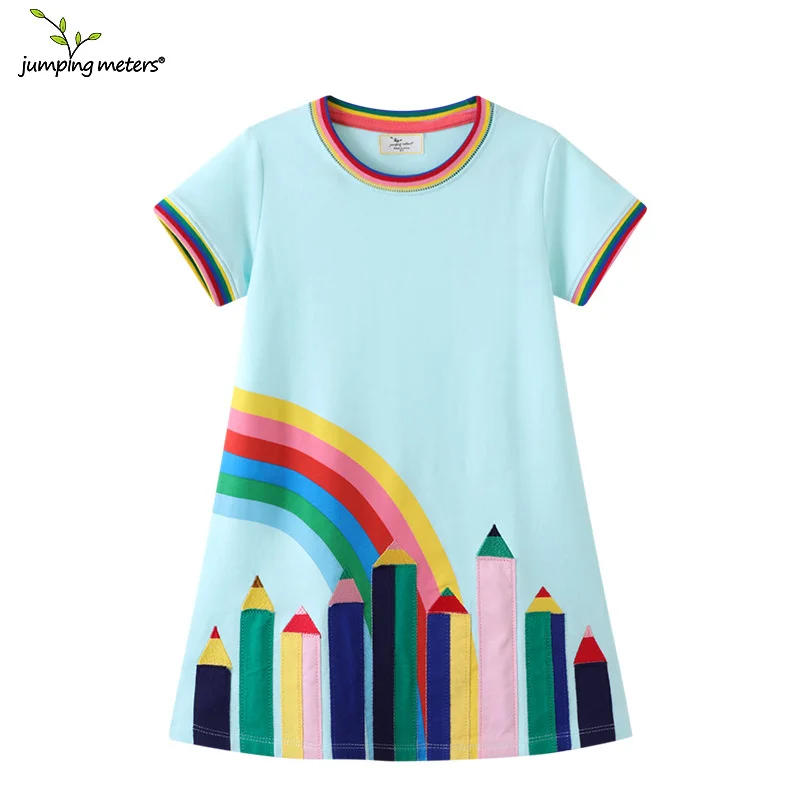 Jumping Meters Summer School Dresses For Girls Princess Short Sleeve Pen Embroidery Applique Hot Selling Kids Costume Frocks