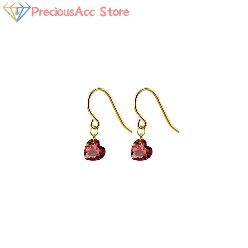 1Pair Korean Style Exquisite Wine Red Zircon Love Heart Dangle Stud Earrings For Women Simple Fashion Ear Hook Party Jewelry