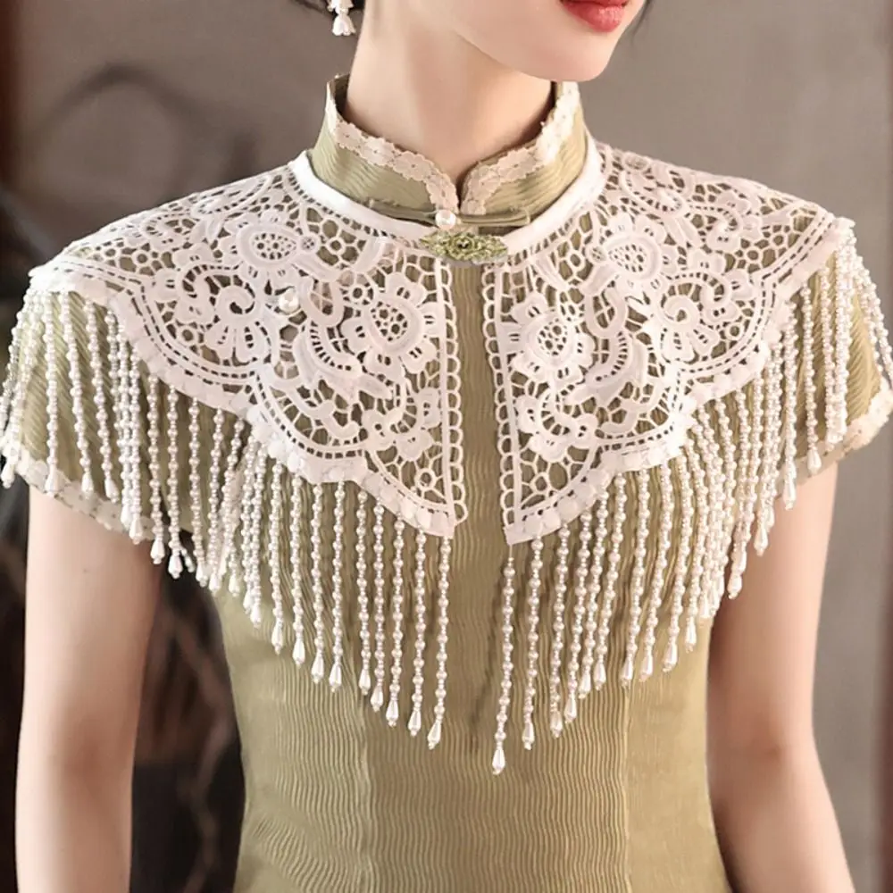 

Hanfu Accessory Vintage Pearl Tassel Shawl Handmade Lace Trim Cheongsam Shawl with Pearl Tassel Lace Shawl Female