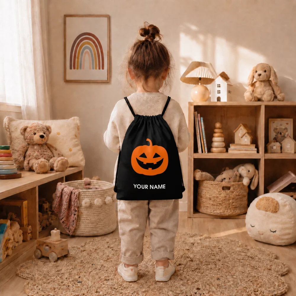 Kids Personalized Halloween Drawstring Backpack Trick Or Treat Candy Corn Custom Name Festival Sack Bag 34x41cm