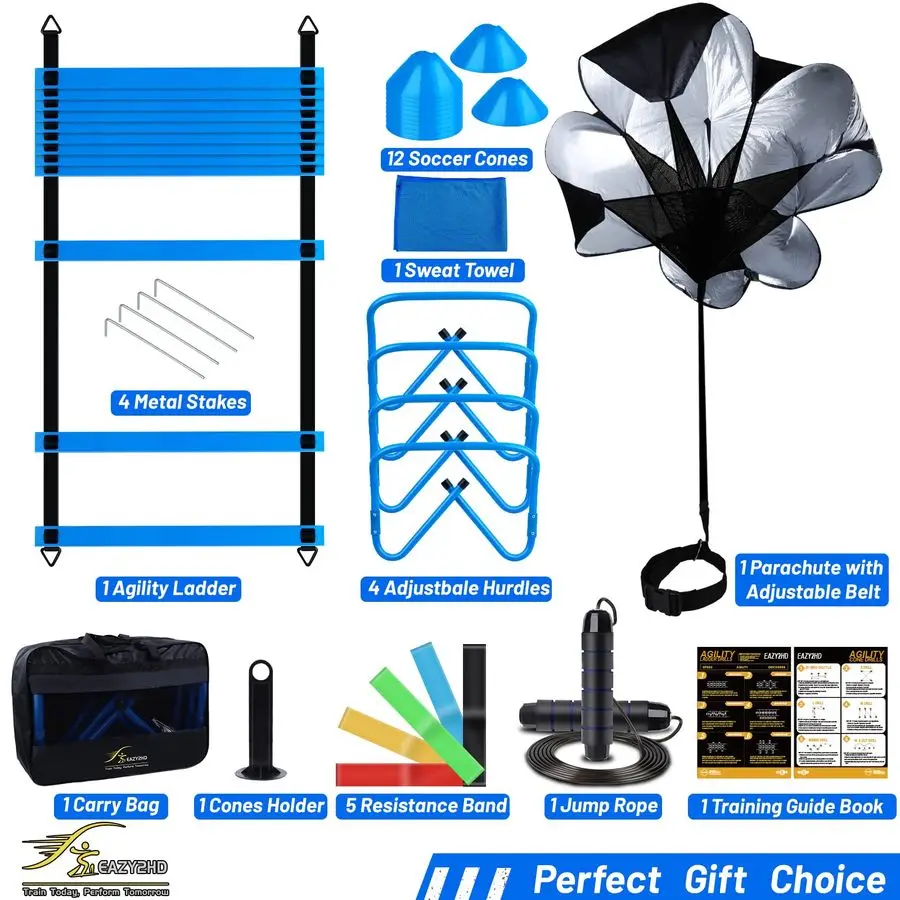 مجموعة تدريب خفة الحركة السريعة، سلم خفة الحركة، 12 مخروطًا، 4 حواجز قابلة للتعديل، المظلة، معدات تمارين اللياقة البدنية #2