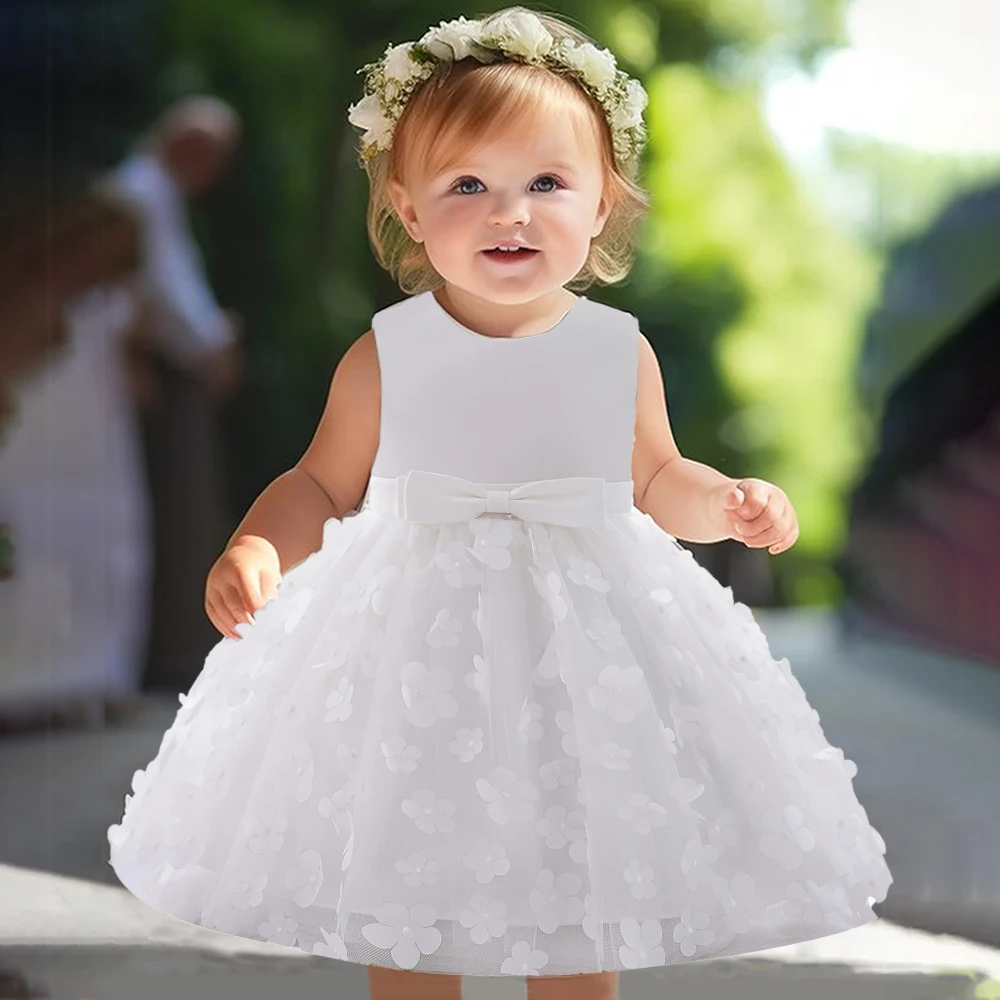 Baby Girls Flower Baptism Dress for Wedding White Bow 1st Birthday Party Princess Girl Dresses Tulle Bridemaids Evening Costumes