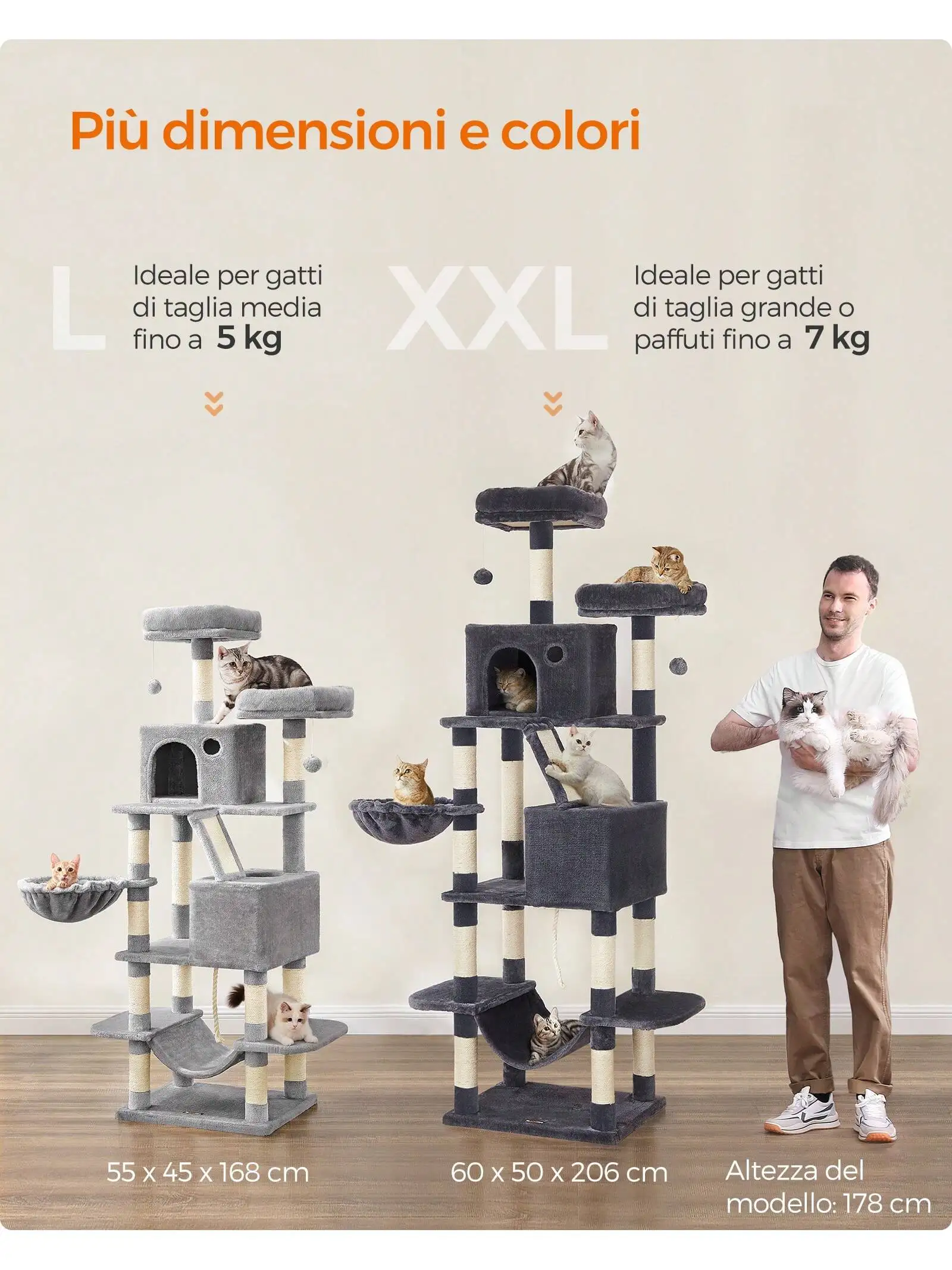 Feandrea عمود الخدش ، قط كبير طويل القامة مع 13 موقعًا ، محطتان ، كهف ، سلة ، هامبرج ، قطط كبيرة