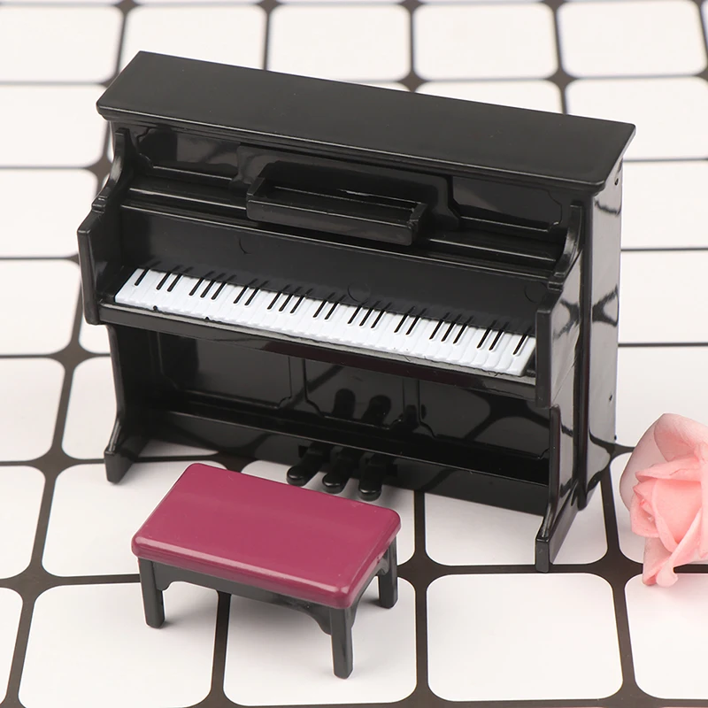 1/12 Dollhouse Miniature Accessories Mini Wooden Grand Piano with Stool Simulation Musical Instrument Model Toy Doll House Decor