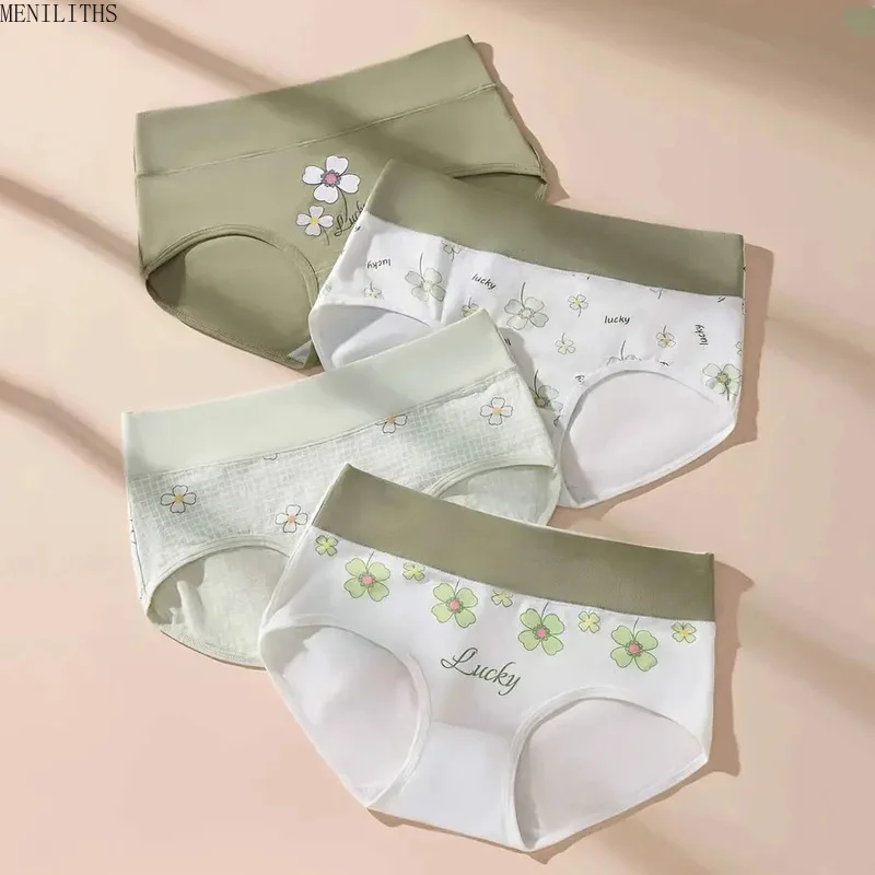 4Pcs/Set High Waist Underwear Cotton Women Panties Fashion Print Ladies Briefs Plus Size Sexy Panty Breathable Female Lingerie