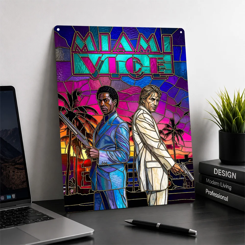 Miami Vice Stained Glass Art 3D Texture Metal Poster Customized Wall Art Tin Sign Gift for Mancave Home Decor Items Funny Signs