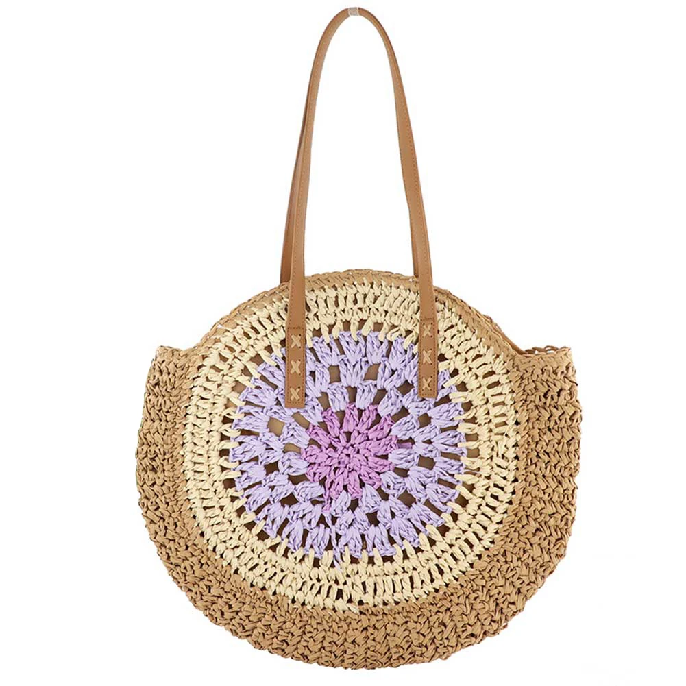 Runde Sommer-Strohtasche mit Reißverschluss, Urlaubstasche, trendige große gewebte Strandtasche, Urlaubsreise-Handtasche für Frauen und Mädchen