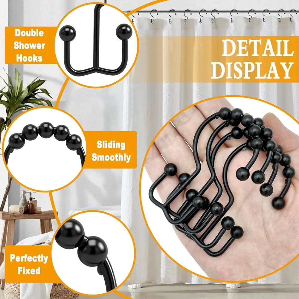 Shower Curtain Hooks, 12 Pcs Rustproof Metal Shower Curtain Rings,Free Sliding Double Shower Hooks for Shower Curtain & Liners, Shower Curtain Hangers for Bathroom Shower Curtain Rods Curtains (Black) view 5
