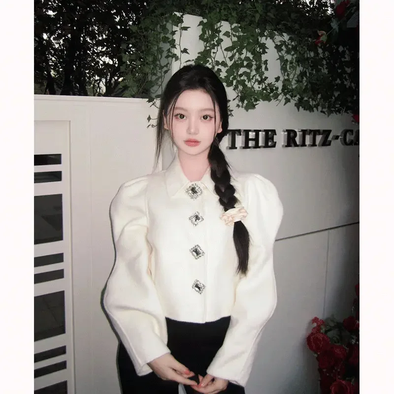 Gagarich Short Style White Woolen Coat Small Fragrance Style Wealthy Heiress Woolen Coat Women Spring Autumn Elegant Top