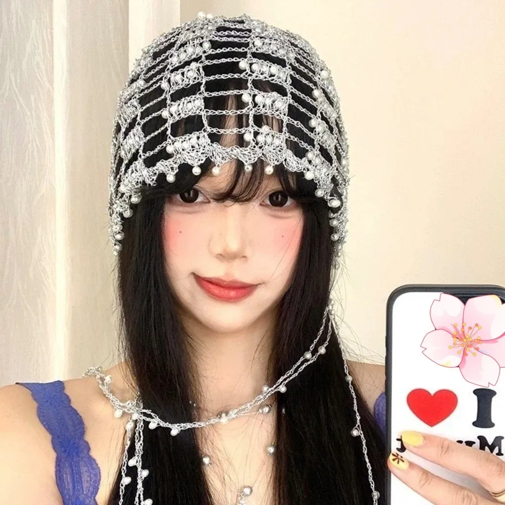 Handmade Chain Beaded Hats Shining Crystal Tassel Decoration Hollow Pullover Hats Luxury Hairbands Bridal Head Ornament