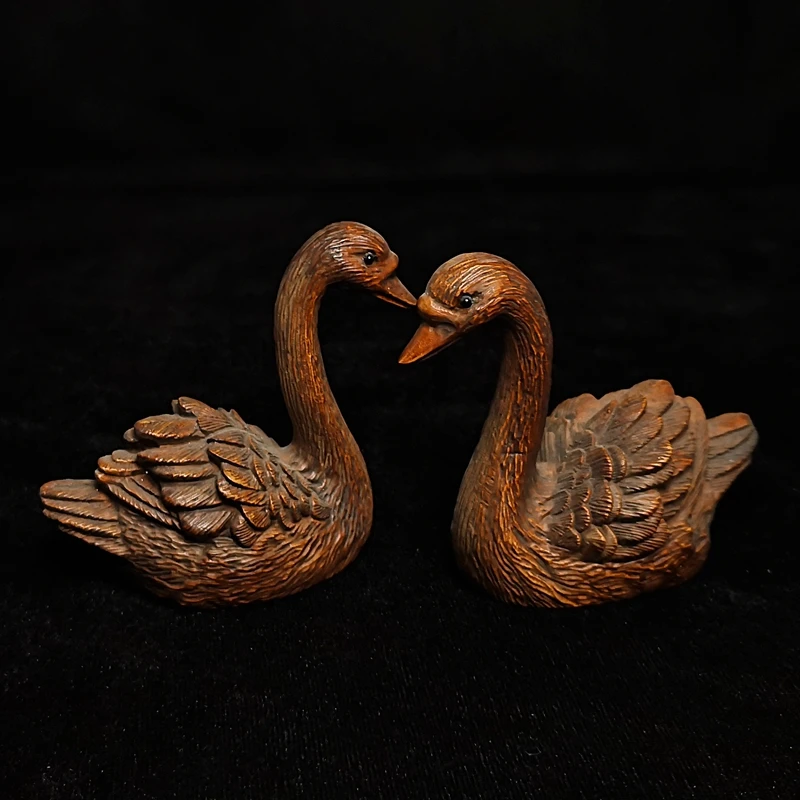 

1919 Antique art Size 2.8 Inch A Pair Old Chinese Boxwood Hand carved Goose Figure Statue Table Decoration Gift Collection