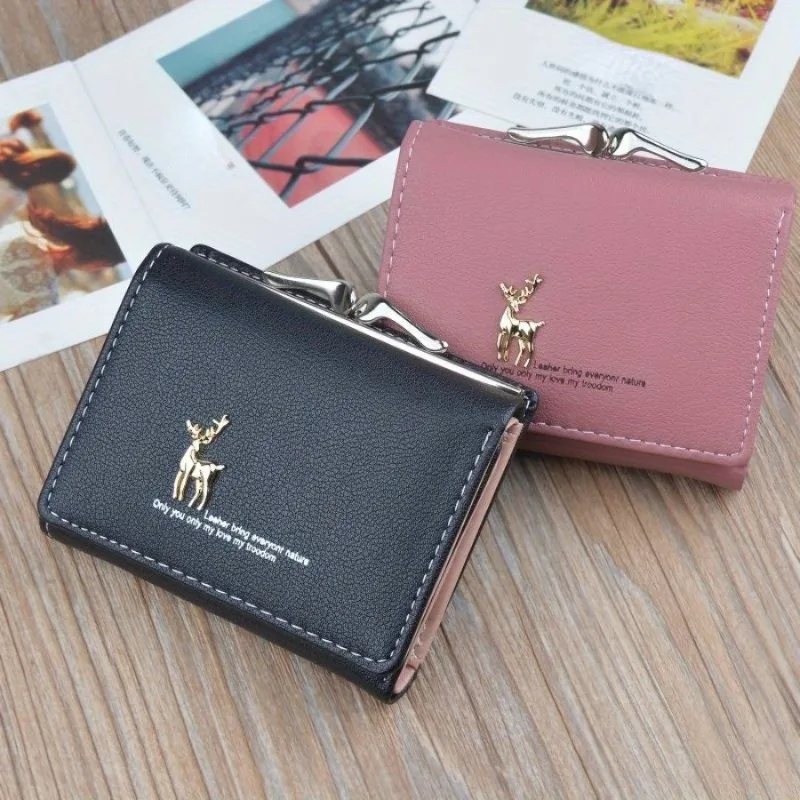 1PC Ladies Short Leather Wallet Deer Pattern Hasp Wallet Multi Credit Card Slots Holder Women's Purse