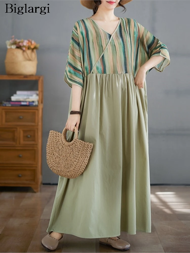

Oversized Summer V-Neck Dress Women Striped Print Patchwork Fashion Ladies Dresses Casual Loose Ruffle Pleated Woman Long Dress