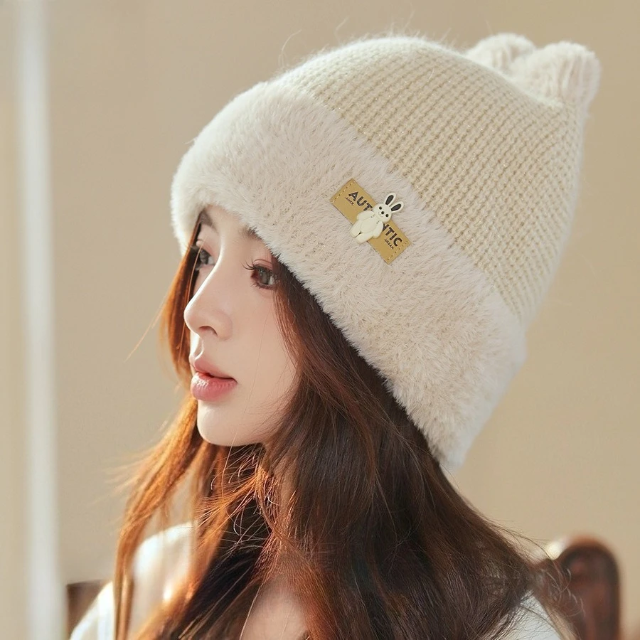 Korea Winter Fashion New Cute Cartoon Rabbit Ears Thickened Knitted Hat Girls Age-reducing Warm Ear Protector Wool Hat